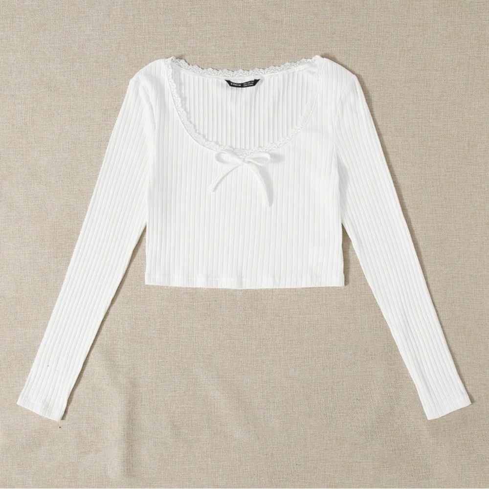 Lace Trim White Ribbed Knit Top